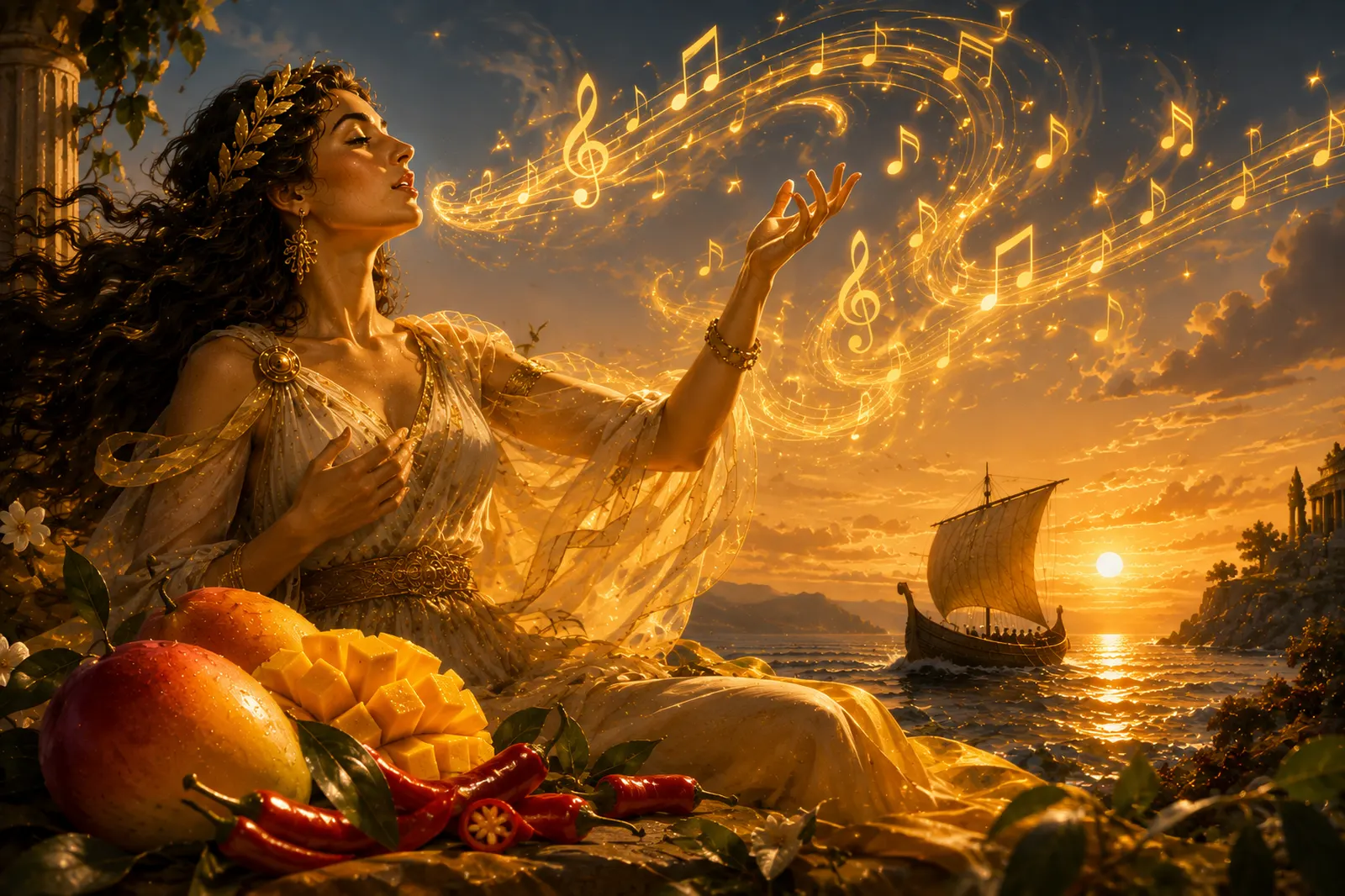 Calíope cantando ante el mar con la ofrenda de mango y chili a sus pies
